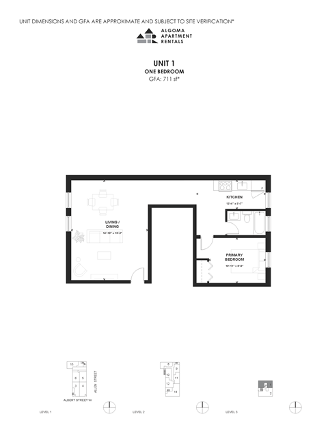 Floor plan for 1 bed, 1 bath, 713 sqft